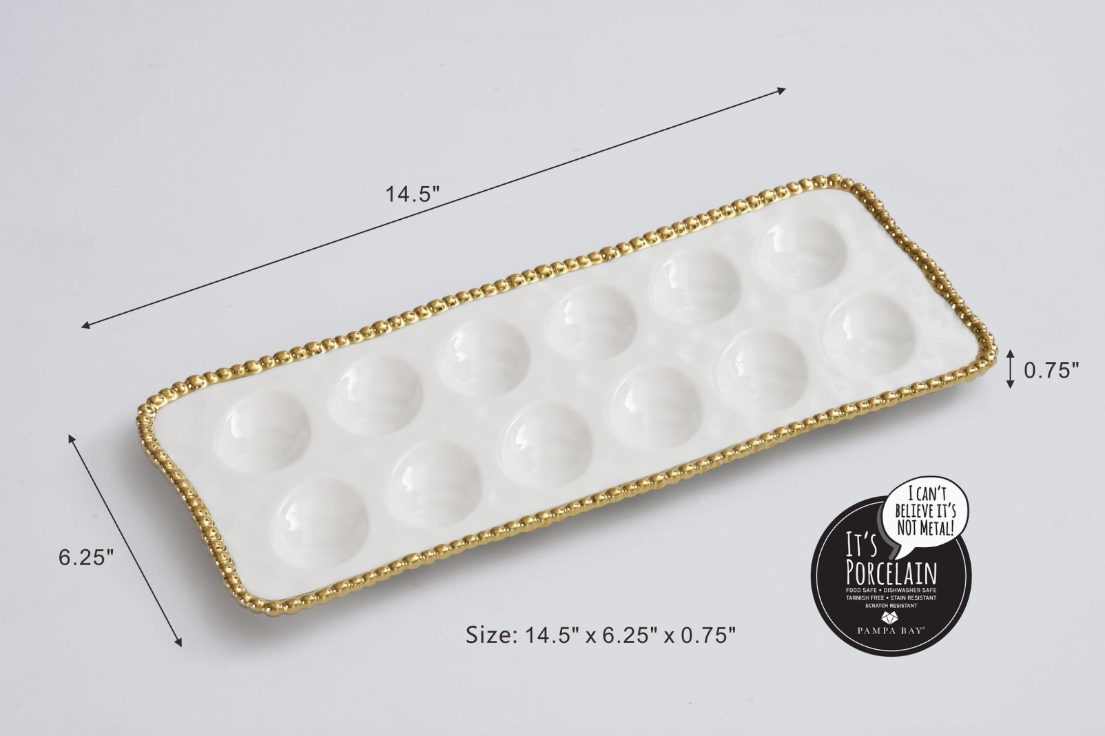 Pampa Bay Porcelain white rectangular deviled egg serving tray featuring twelve round indentations and a decorative gold beaded rim, measuring 14.5 by 6.25 by 0.75 inches