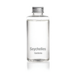 Clear glass bottle with silver screw cap containing transparent liquid and labeled Seychelles Gardenia on a white studio background