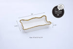 Pampa Bay porcelain white rectangular serving dish with a gold beaded scalloped edge, measuring 10x6.75x2.75 inches and highlighted for being porcelain not metal