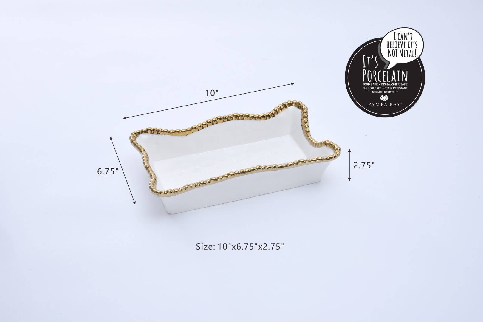 Pampa Bay porcelain white rectangular serving dish with a gold beaded scalloped edge, measuring 10x6.75x2.75 inches and highlighted for being porcelain not metal