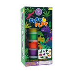Floss & Rock Air Dry Clay Modelling Kit box depicts a vibrant dinosaur jungle scene with a purple T-Rex and blue Stegosaurus, showcasing 10 colorful clay tubs in yellow, green, orange, and purple, alongside small molded dinosaur figures