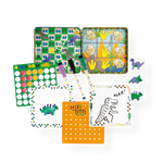 Product Photography of a Floss & Rock dinosaur-themed children's reusable activity set featuring a Snakes & Ladders variant, Tic-Tac-Toe with footprints and bones, a 4-in-a-row board, drawing mats with pixel art and a roaring T-Rex, an orange pegboard, and three colorful branded pens