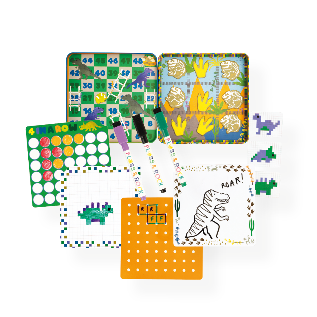 Product Photography of a Floss & Rock dinosaur-themed children's reusable activity set featuring a Snakes & Ladders variant, Tic-Tac-Toe with footprints and bones, a 4-in-a-row board, drawing mats with pixel art and a roaring T-Rex, an orange pegboard, and three colorful branded pens