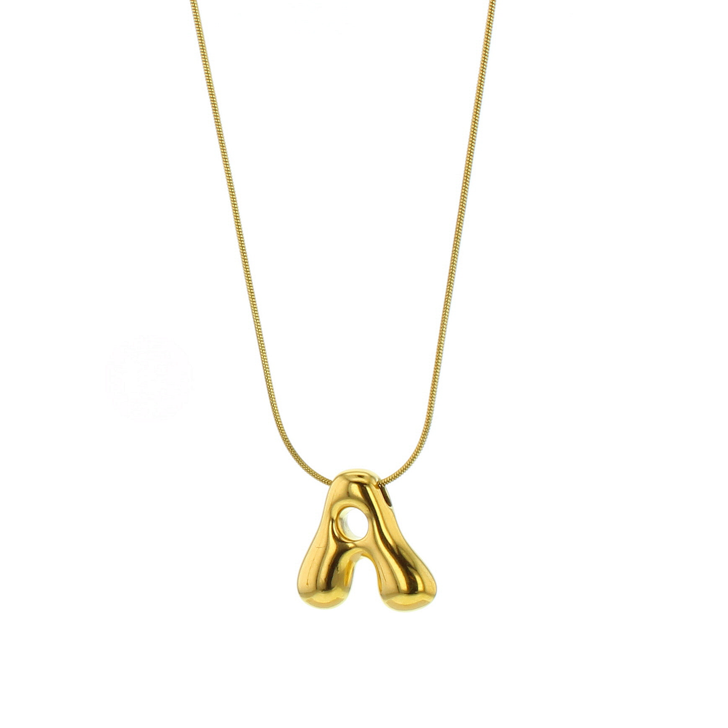 Gold letter A pendant necklace featuring a unique bloby molten-like shape with a high shine finish on a delicate snake chain