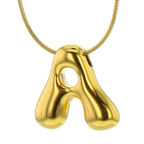 Gold tone letter A pendant on a thin snake chain