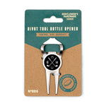 Product photography by Gentlemen's Hardware showcases a silver metal golf divot tool bottle opener and ball marker on matte teal and kraft paper packaging with a black and white golf club logo and the phrase Swing Sip Repeat