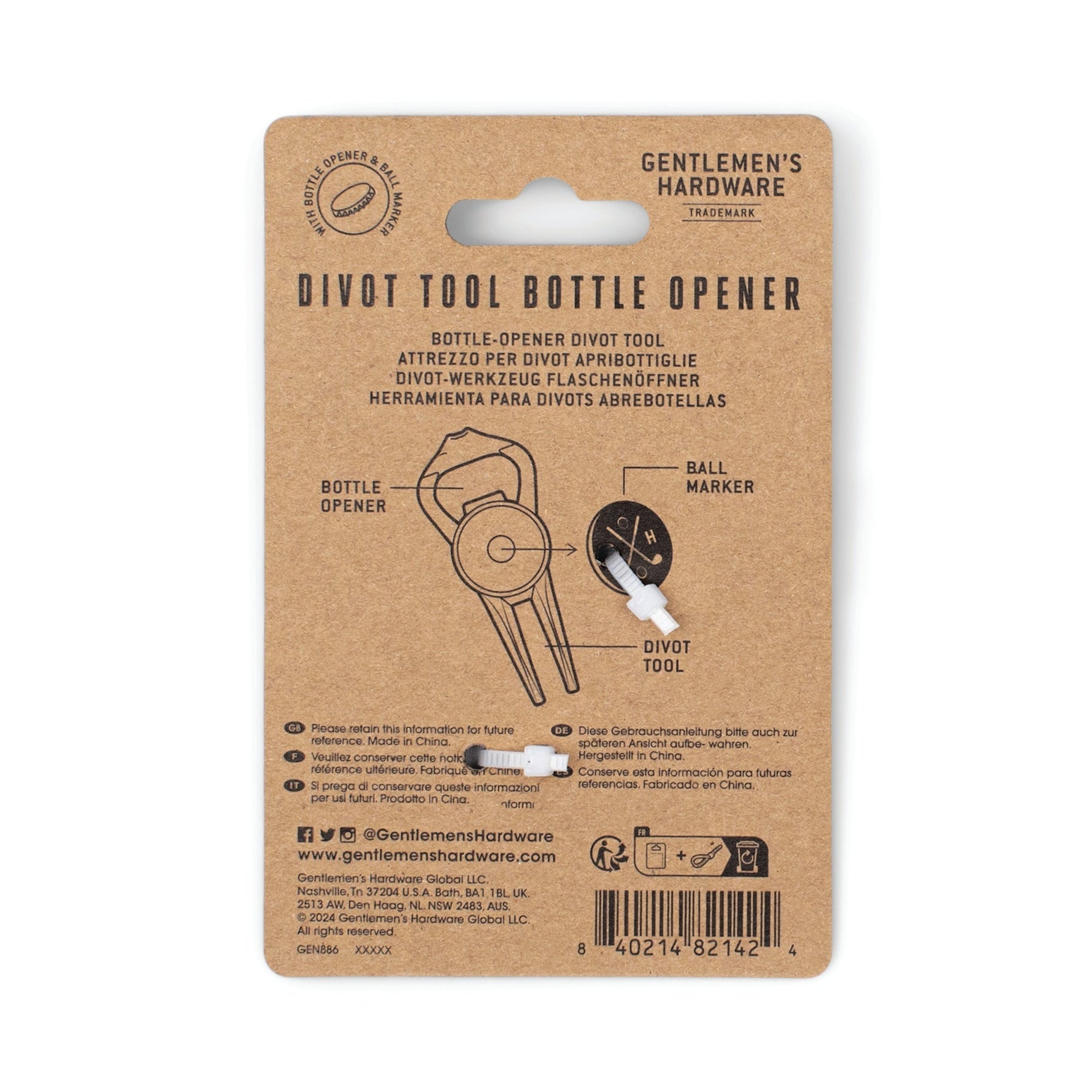 Product packaging by Gentlemen's Hardware for a Divot Tool Bottle Opener on a brown kraft paper card showing black line art illustrations of the multi-tool and a white golf tee-shaped divot tool