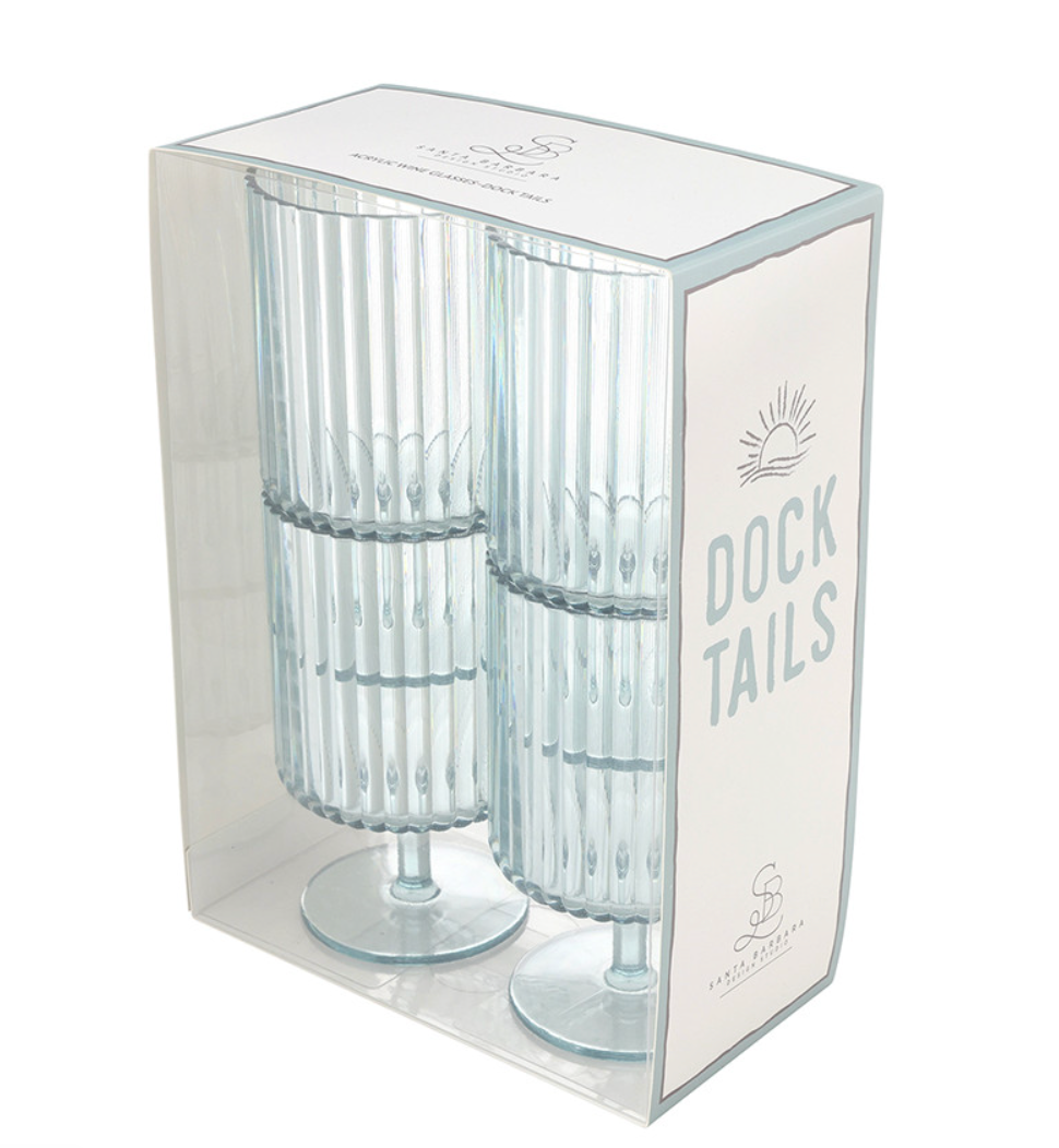 Santa Barbara Design Studio "Dock Tails" acrylic wine glasses a clear boxed set of two light blue ribbed stemware glasses featuring scalloped rims and a unique stackable design