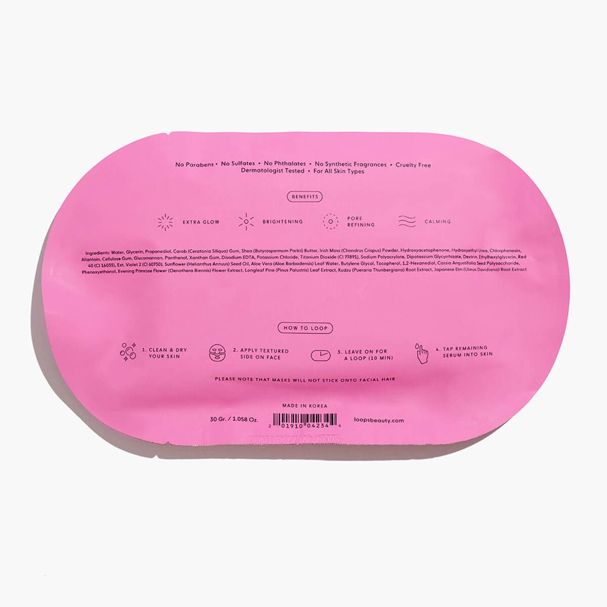 Product photograph of a bright pink Loops Beauty sheet mask package, featuring text 'No Parabens' 'Extra Glow' and illustrated 'How to Loop' instructions