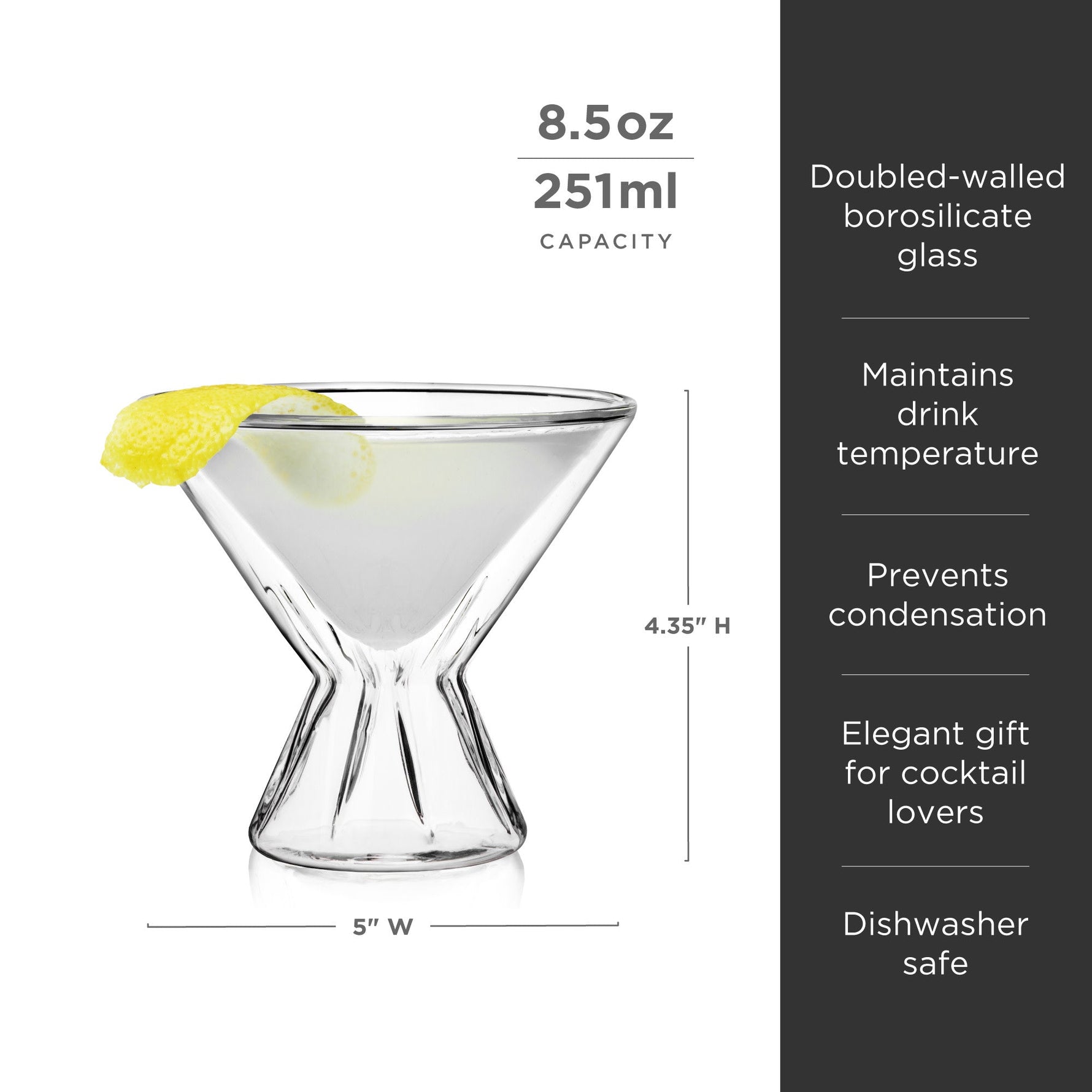 Doubled-walled borosilicate glass martini cocktail glass, holding 8.5oz of a light-colored drink with a bright yellow lemon peel, showcasing its unique hourglass design which prevents condensation and maintains temperature