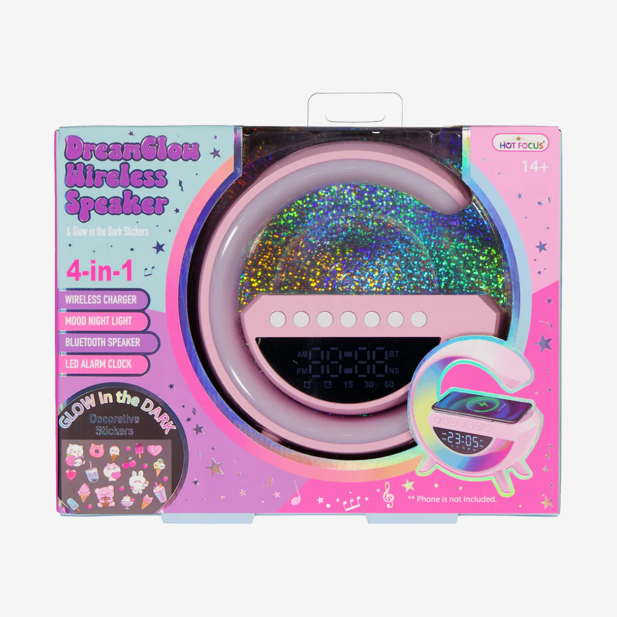 Hot Focus DreamGlow Wireless Speaker, a multi-function device in vibrant pink and purple retail packaging, featuring a holographic glitter panel, sleek curved design, and glow-in-the-dark stickers