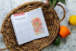 Open magazine page with an illustrated article on Bar Marilou in New Orleans, LA, nestled in a round woven basket on white marble with a vivid yellow lemon, a bumpy orange tangerine, and a green lime
