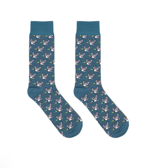 Blue crew socks with a repeating pattern of flying mallard ducks