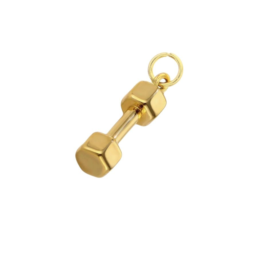 Gold charm featuring a shiny miniature hexagonal dumbbell design with a jump ring against a plain white background