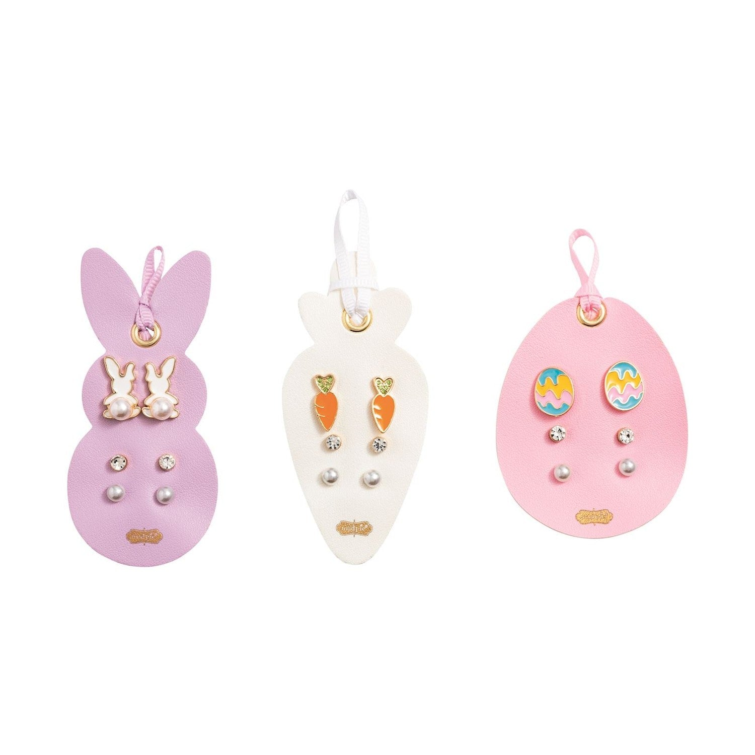 Three sets of Easter themed stud earrings on bunny carrot and egg shaped display cards