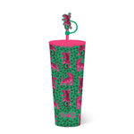 Product Photography by Swig of an insulated tumbler against a white background, featuring a hot pink lid and straw, a vibrant pattern of green leopard spots with hot pink tigers, and a cute pink tiger straw charm