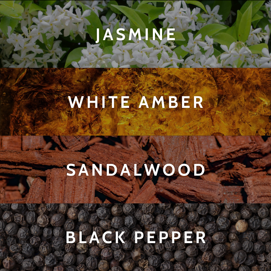 Collage of jasmine flowers white amber sandalwood chips and black peppercorns with text labels