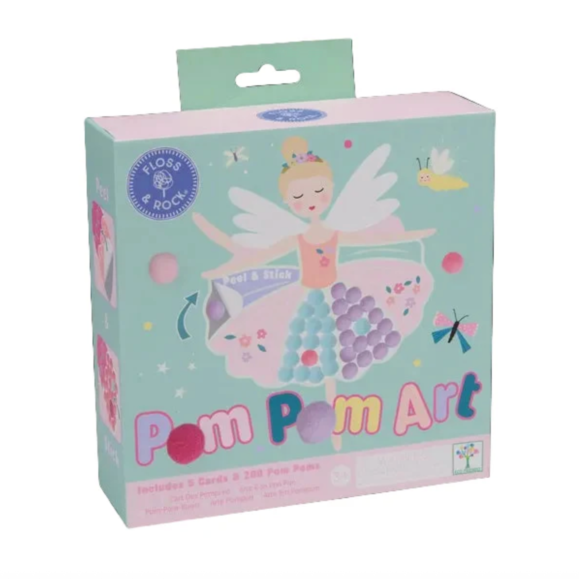 Floss & Rock Pom Pom Art craft kit box featuring a blonde fairy ballerina with white wings and a pink tutu decorated with blue and purple pom-poms, on a mint green background with a yellow glowing worm and a blue butterfly