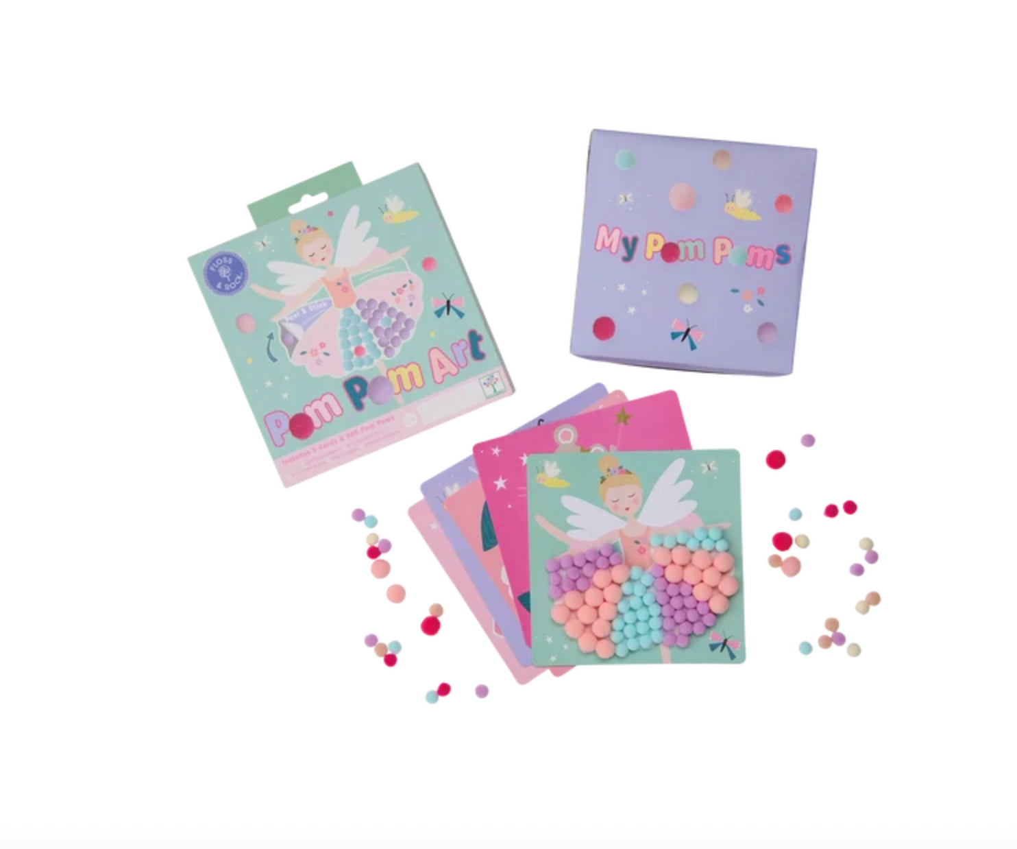 Floss & Rock Pom Pom Art craft kit on a white background featuring a mint green kit box with a fairy, a purple "My Pom Poms" storage box, multiple pastel-colored fairy art cards including one partially completed with pink, blue, and purple pom-poms, and scattered loose pastel pom-poms
