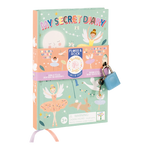 Floss & Rock children's secret diary with a light green cover featuring whimsical illustrations of ballerinas, a smiling moon, swans, and a bunny, accented by a pink band highlighting 'Scribble Sniffs Smell of Cherry' and secured with an attached small blue padlock and keys