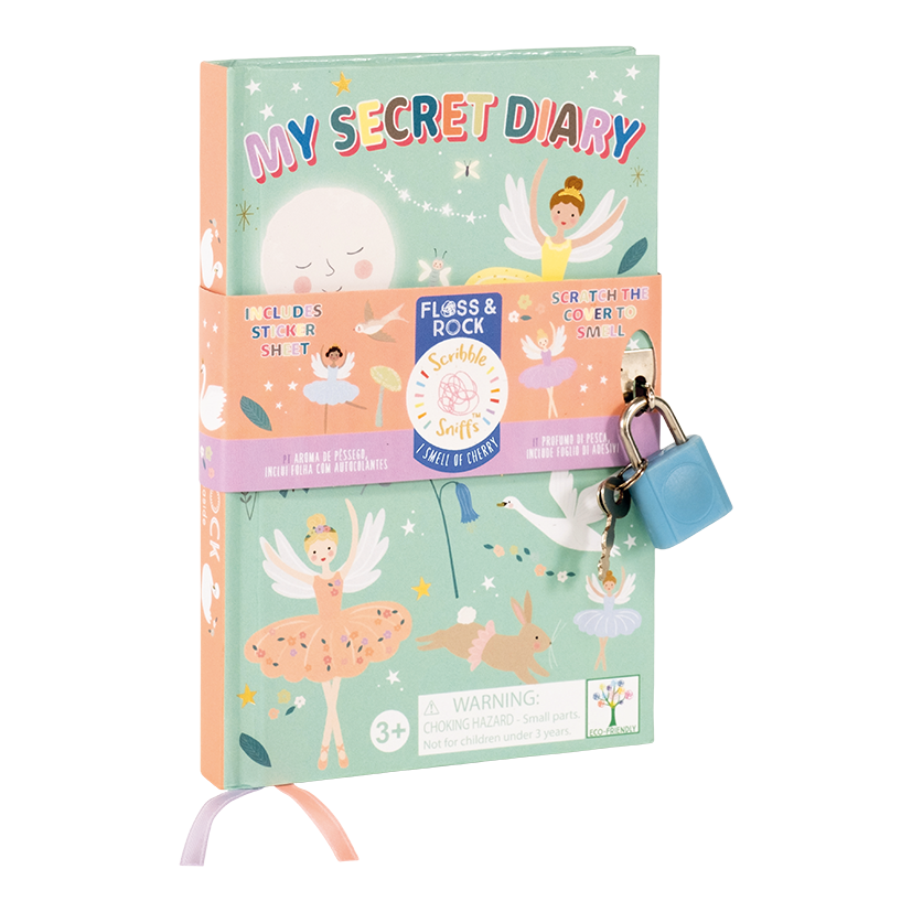 Floss & Rock children's secret diary with a light green cover featuring whimsical illustrations of ballerinas, a smiling moon, swans, and a bunny, accented by a pink band highlighting 'Scribble Sniffs Smell of Cherry' and secured with an attached small blue padlock and keys
