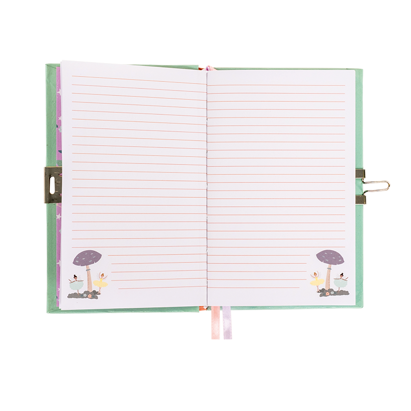 Open whimsical children's diary with lined white pages featuring illustrations of purple mushrooms and tiny ballerinas dancing in colorful tutus, secured by a silver clasp and adorned with pastel ribbon bookmarks