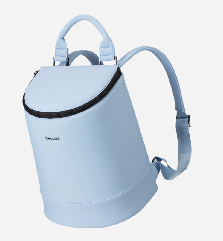 Light blue Corkcicle backpack cooler with top handle and adjustable shoulder straps