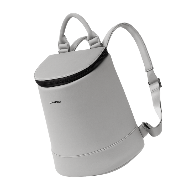 Light grey Corkcicle backpack cooler with black zipper