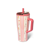 Pink and white striped tumbler with floral pattern and straw