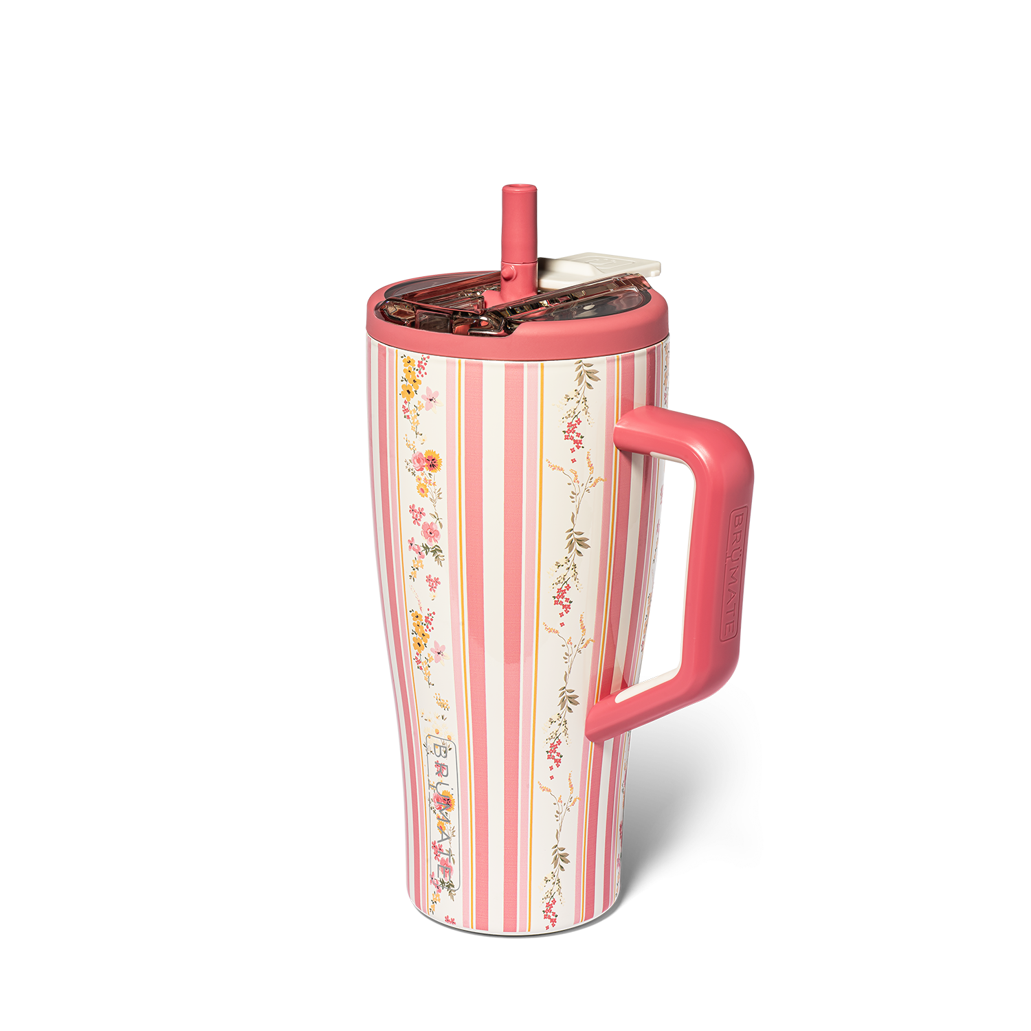 Pink and white striped tumbler with floral pattern and straw