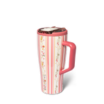 Pink and white striped travel mug with floral accents and a handle