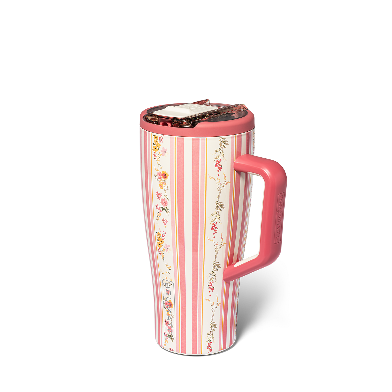 Pink and white striped travel mug with floral accents and a handle