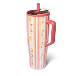 Pink and white striped tumbler with floral pattern and handle