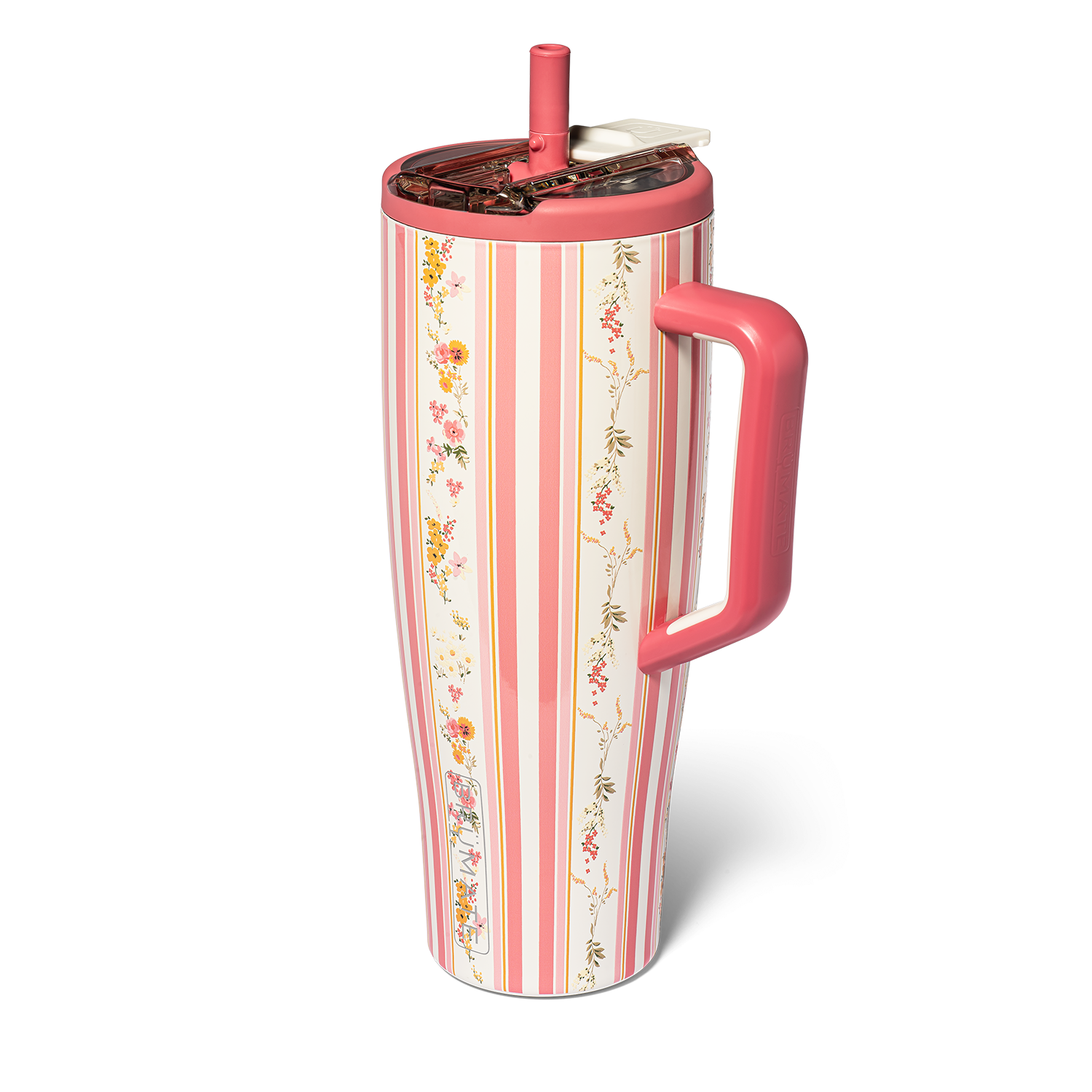 Pink and white striped tumbler with floral pattern and handle