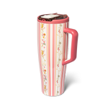 Tall pink and white striped tumbler with floral patterns and a pink handle