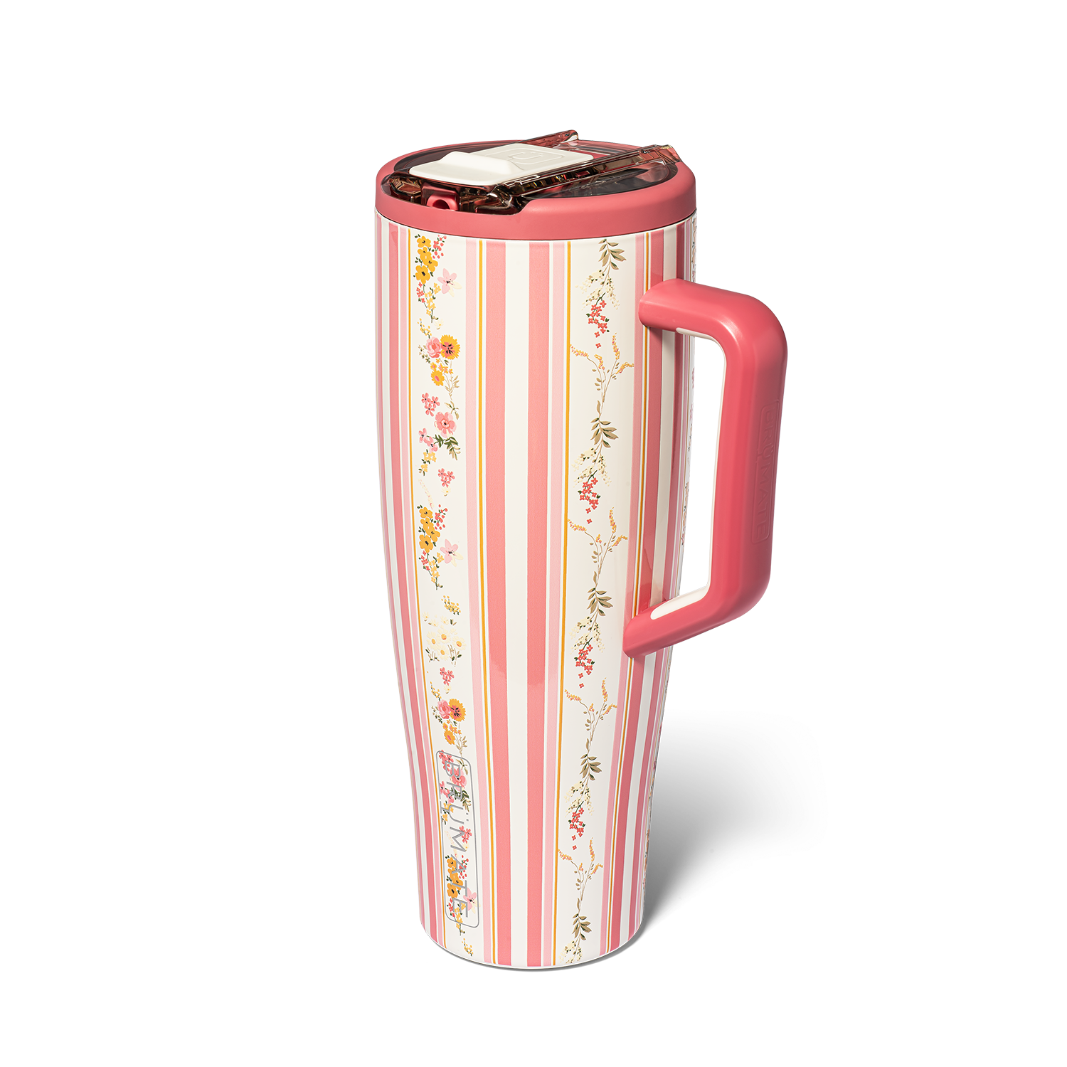 Tall pink and white striped tumbler with floral patterns and a pink handle