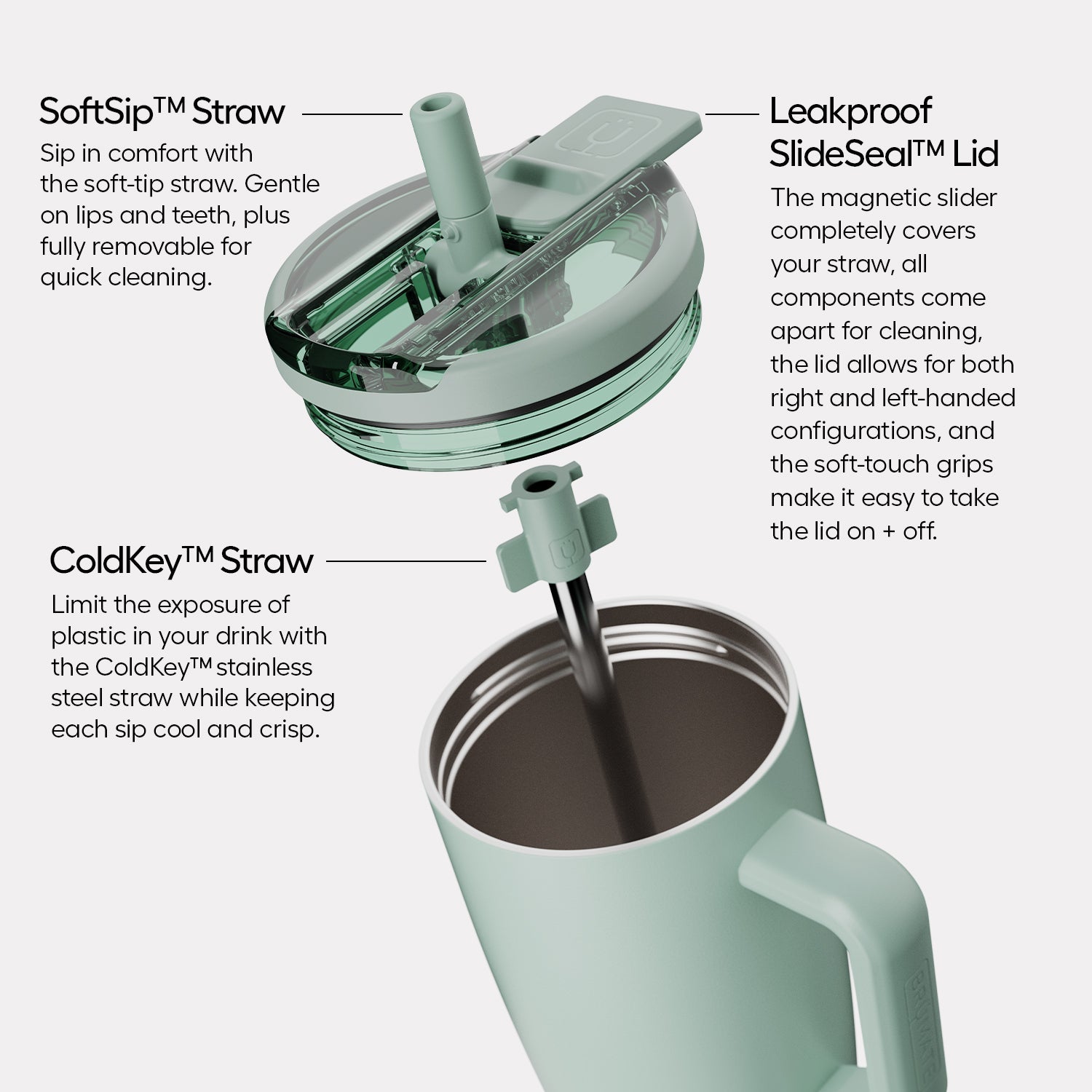 Exploded view of a tumbler lid and straw showing the SoftSip straw and SlideSeal lid components