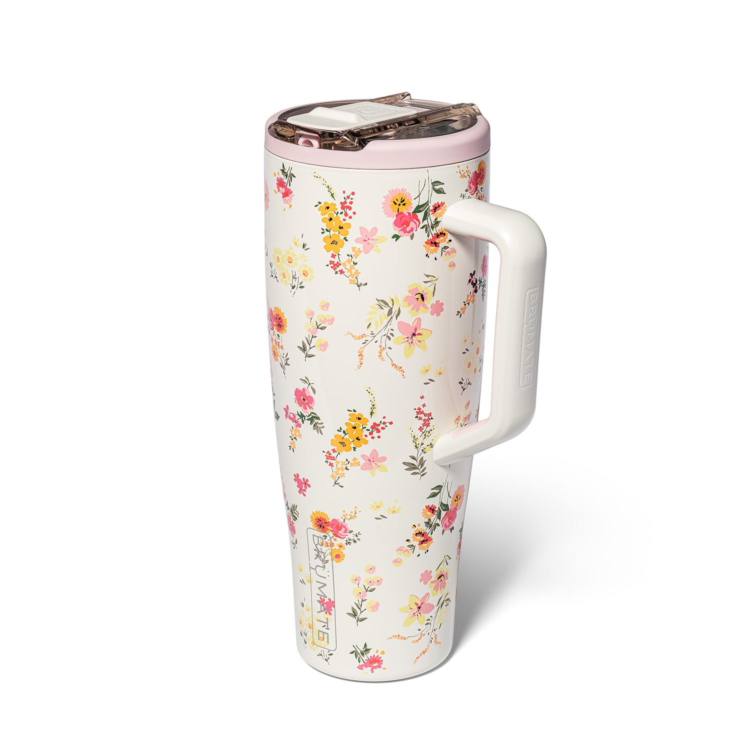 Cream colored Brumate tumbler with floral pattern and white handle