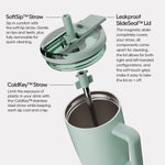 Exploded view of a tumbler lid and straw with labels for SoftSip straw, SlideSeal lid, and ColdKey straw