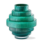 Glass tiered decorative vase in emerald green featuring stacked ribbed cylinders and a semi-transparent mottled texture