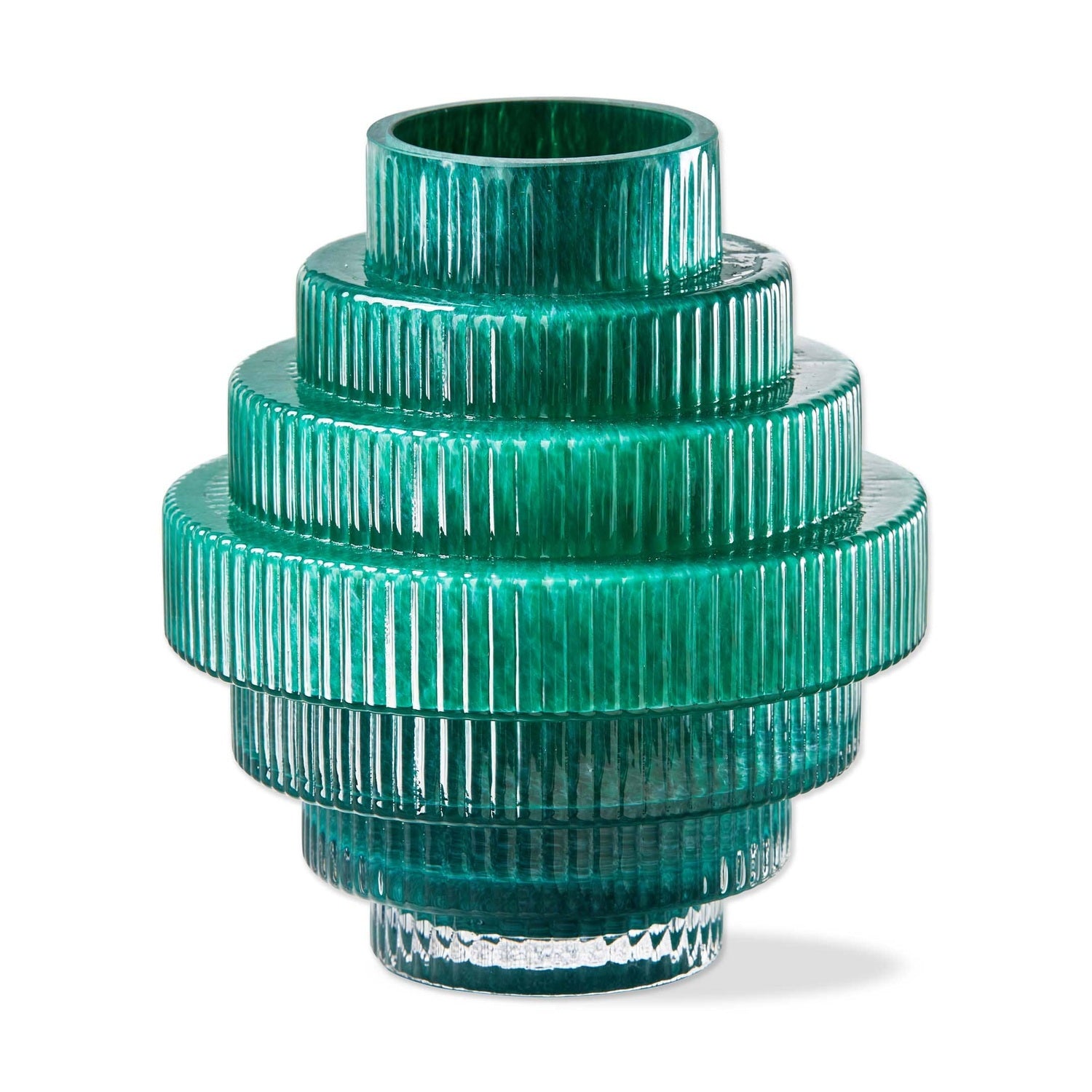 Glass tiered decorative vase in emerald green featuring stacked ribbed cylinders and a semi-transparent mottled texture