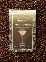 Dmarie espresso martini craft cocktail slush mix pouch on a background of roasted coffee beans