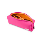 A fuchsia pink Kusshi makeup bag featuring a hot pink zipper is open to reveal a vibrant orange interior with multiple organizer pockets on a white background