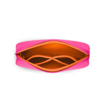 Product photograph of a vibrant hot pink zippered pouch with a bright orange lining and two crisscrossing mesh pockets against a clean white background