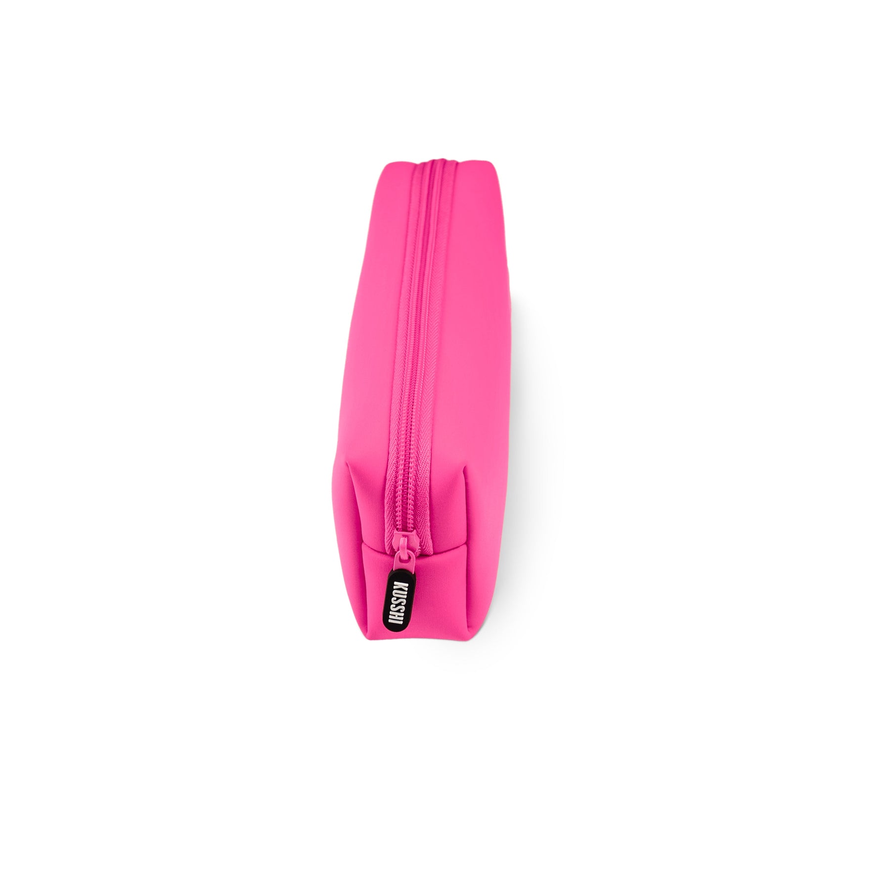A vibrant fluorescent pink pencil case on a clean white background, featuring a matching pink zipper and a black KUSSHI logo zipper pull