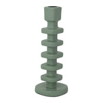 Ceramic sage green candlestick featuring a geometric stacked block design with a glossy finish