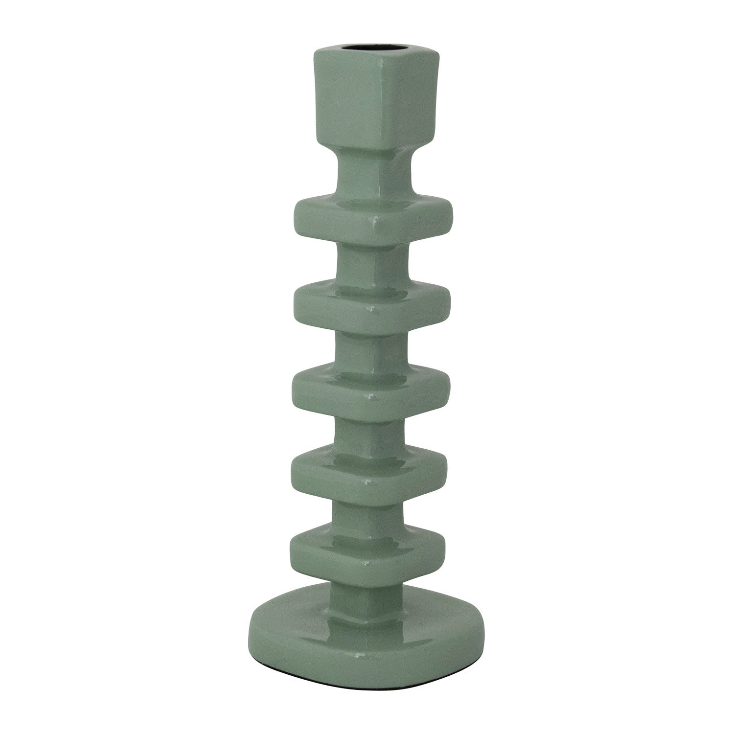 Ceramic sage green candlestick featuring a geometric stacked block design with a glossy finish