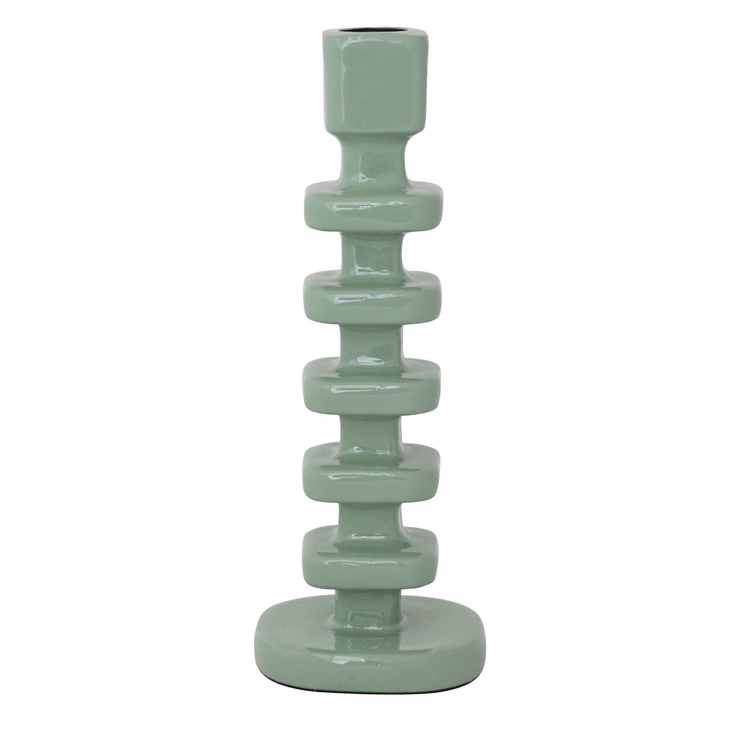 Glazed sage green ceramic candlestick holder featuring a tall column of stacked geometric rectangular segments