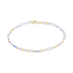 Delicate beaded bracelet with lustrous white pearls, shiny gold spheres, and subtle translucent blue glass beads