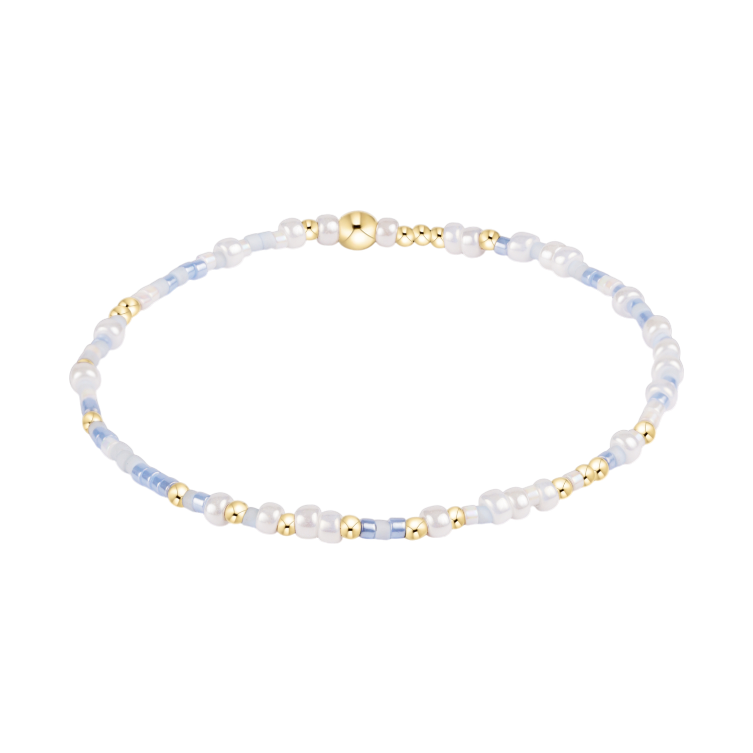 Delicate beaded bracelet with lustrous white pearls, shiny gold spheres, and subtle translucent blue glass beads